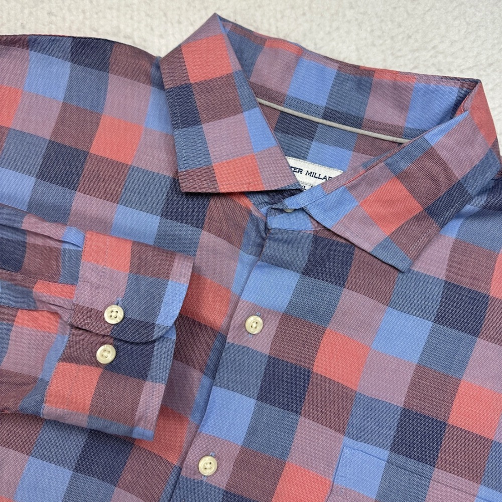 Peter Millar Check Button Down Shirt Mens XXL Blue Red Plaid‎ Cotton Classic Fit